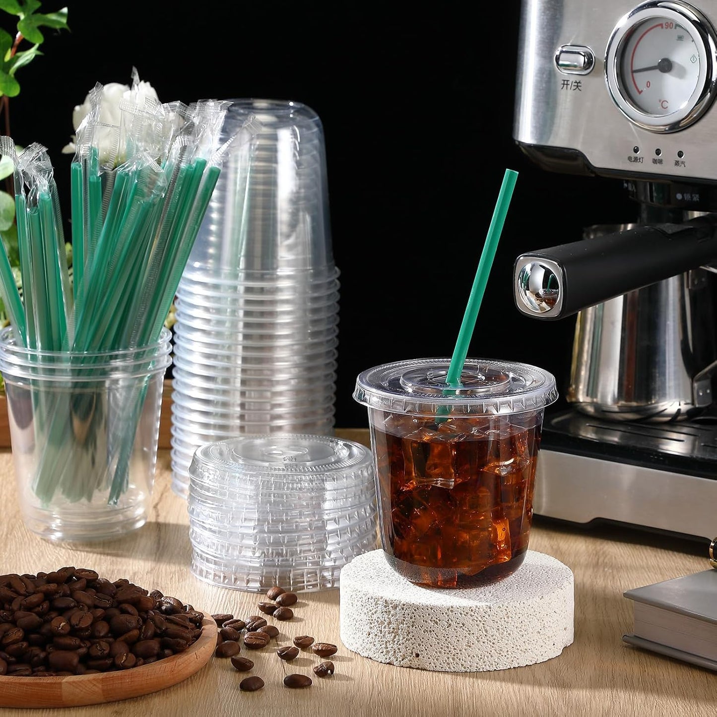 Baderke 25 Set Plastic Cups with Lids and Straws, Disposable Plastic Iced Coffee Cup for Cold Beverage Juice Smoothie Crystal for Coffee Shops Party Catering(Clear,16 oz)
