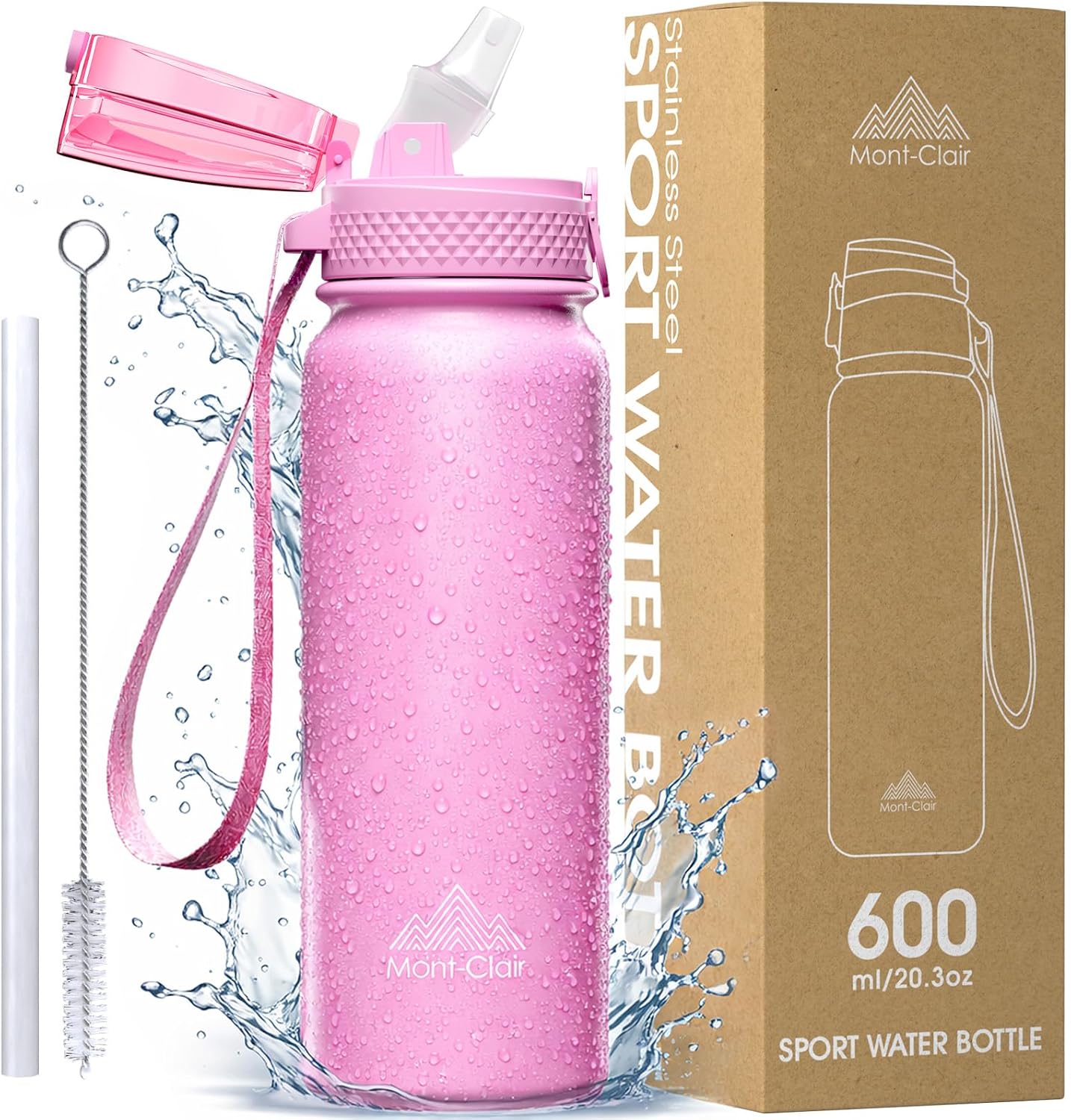 Mont-Clair Sport Water Bottle - 20oz Insulated Water Bottle with Straw - Patented Lid, BPA FREE, For Sports, Gym, Cycling, Bike - Quick Hydration - Black