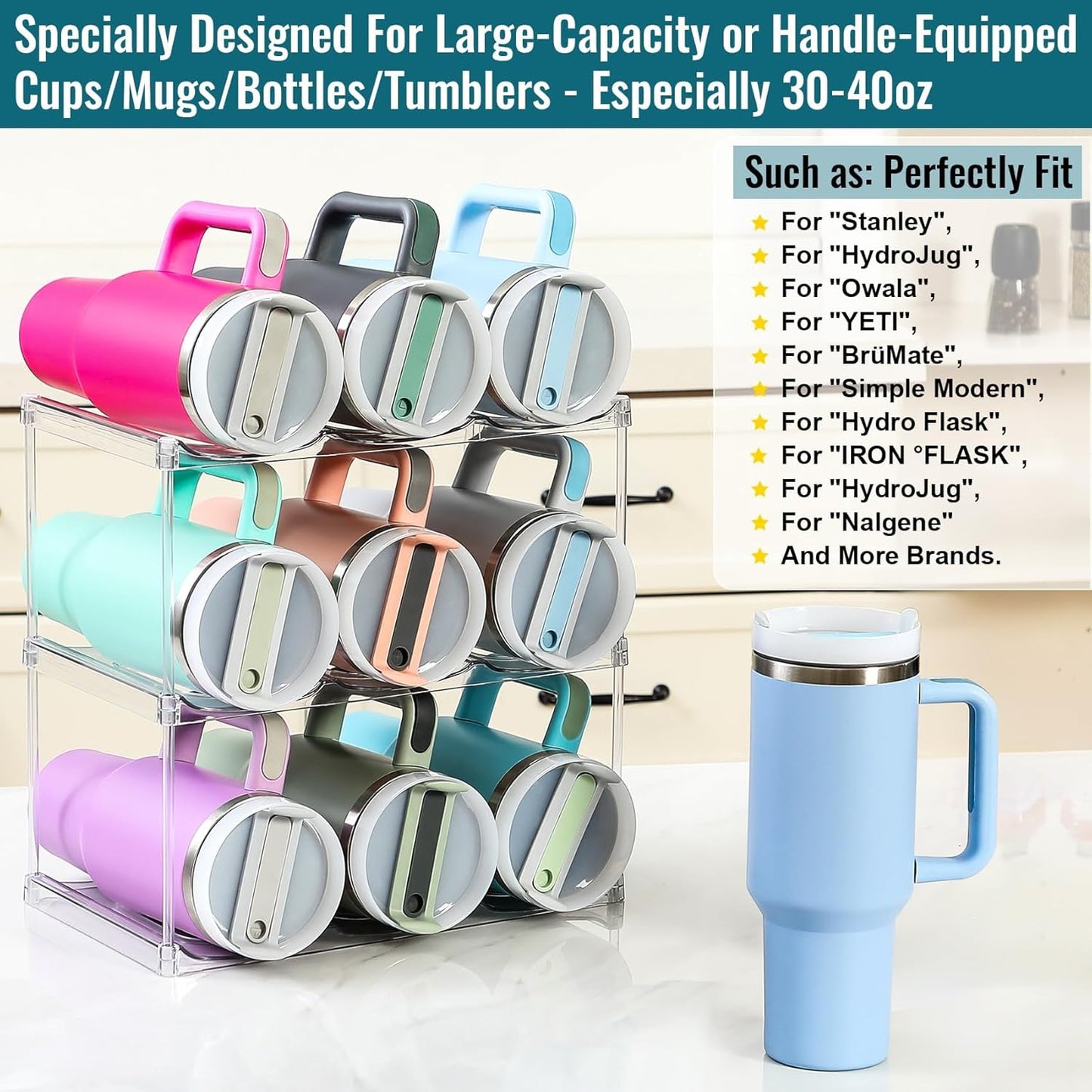 Design for Stanley 40 OZ & Large Bottles & Tumblers with Handle - Acrylic Water Bottle Organizer - Stackable Clear Wine Rack Cup Holder for Home Kitchen Pantry Shelf Countertop Cabinet, 4 Tier Hold 16