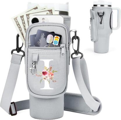 Initial Water Bottle Holder with Strap for Stanley Cup Accessories 40 oz/Simple Modern Tumbler, Birthdays for Women Girls, Water Bottle Carrier Bag with Phone Pocket,Hiking Walking Gym Camping
