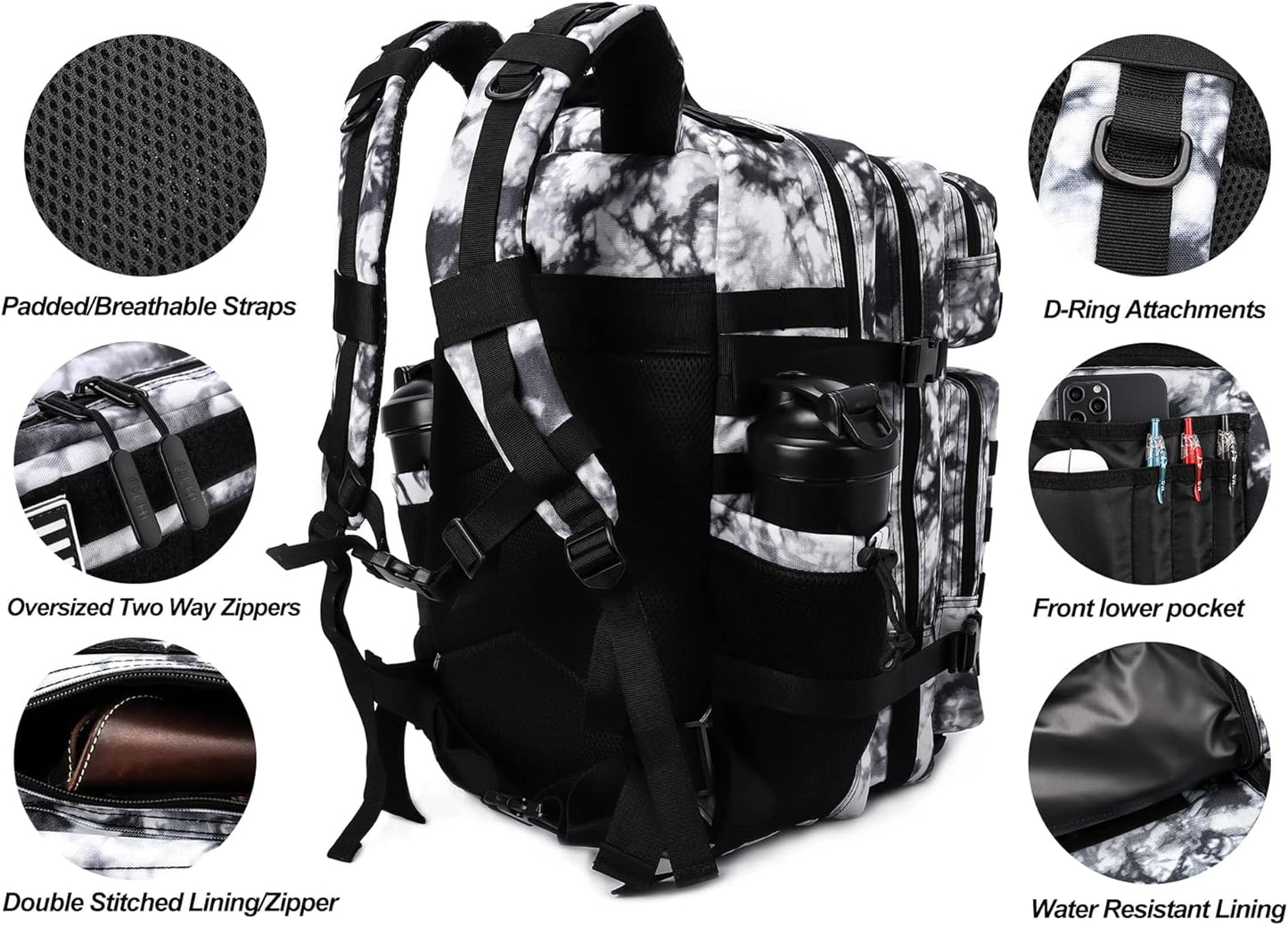 LHI Military Tactical Backpack for Men and Women 45L Army 3 Days Assault Pack Bag Large Rucksack with Molle System - Black - Colors B
