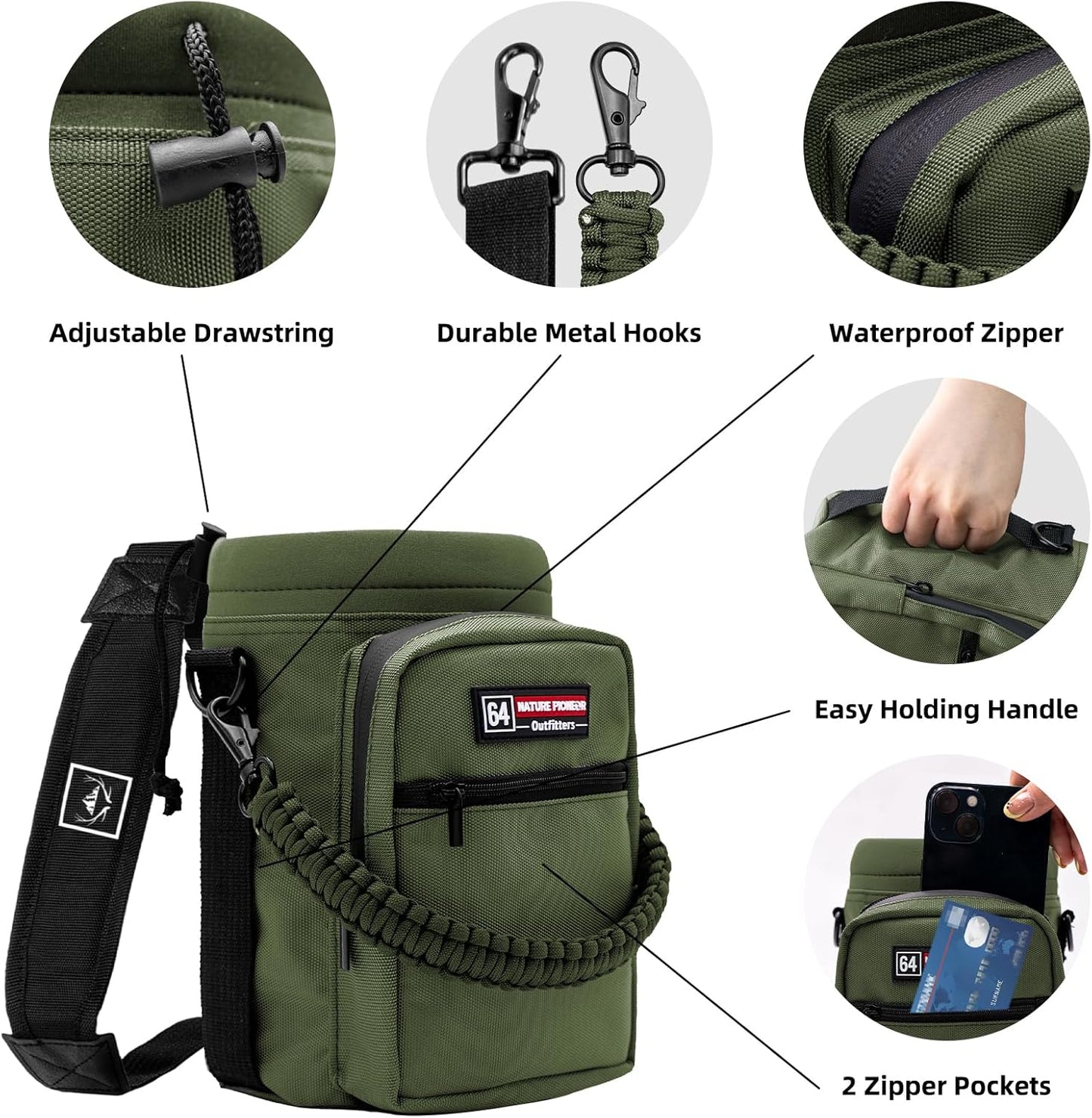 NATURE PIONEOR Water Bottle Holder with Adjustable Strap - Half/One Gallon (64/128oz) Insulated Water Bottle Sling Carrier with Phone Pocket & Paracord Handle, Outdoor Camping, Hiking, Gym