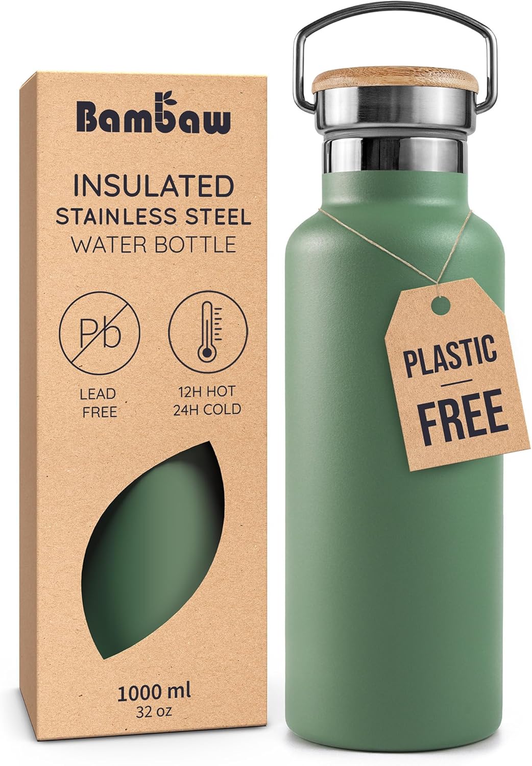 Bambaw 24 oz Stainless Steel Water Bottle, Insulated Metal Water Bottle Wide Mouth, Great for Hiking & Travel, With Handle Easy to Carry, Rust-Resistant & Durable (Aegean Blue)
