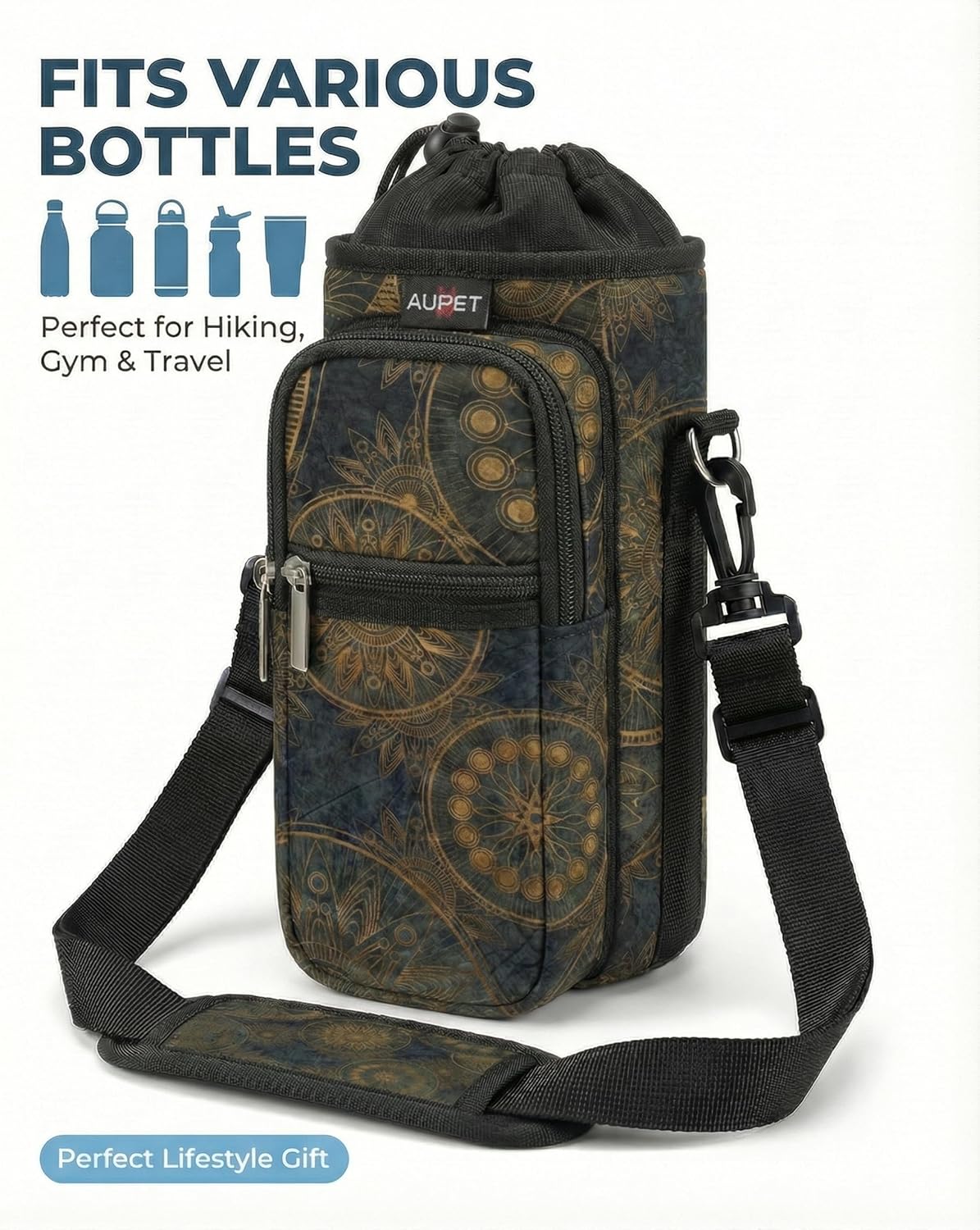 AUPET Water Bottle Sling Bag Sleeve Holder Carrier 25/32/40/64 oz,Insulated Crossbody Water Bottle Case Cover with Strap and Pockets for Men/Women Walking Hiking
