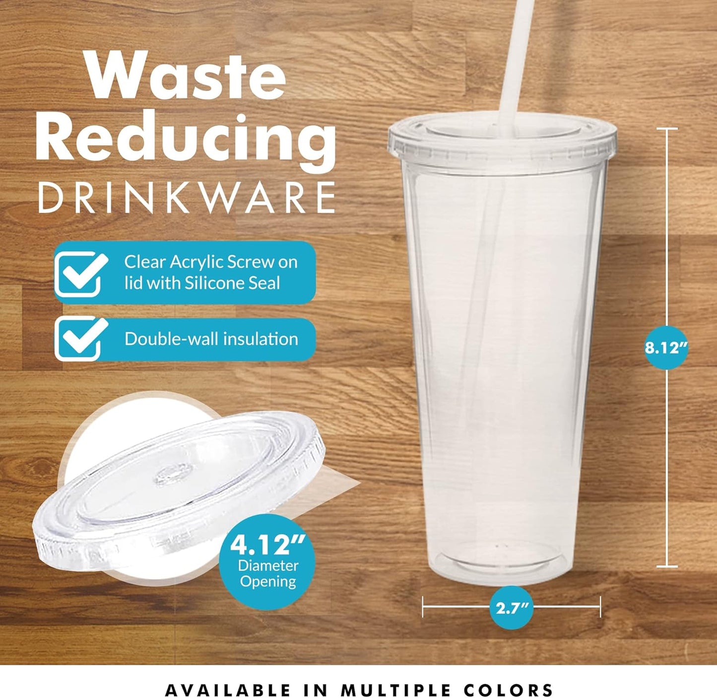 Simple Green Solutions - Acrylic Double Wall Reusable Cups with Lids and Straws for Cold Drinks, Insulated Plastic Tumblers with Lids and Straw, 20 oz Capacity, Clear