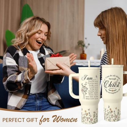 Floral Tumbler with Handle 40oz, Stainless Steel Insulated Tumblers Coffee Travel Mug Cup with Straw, Flower Coffee Cup Gifts for Women Girls, Gift for Her on Christmas Birthday Mothers Day