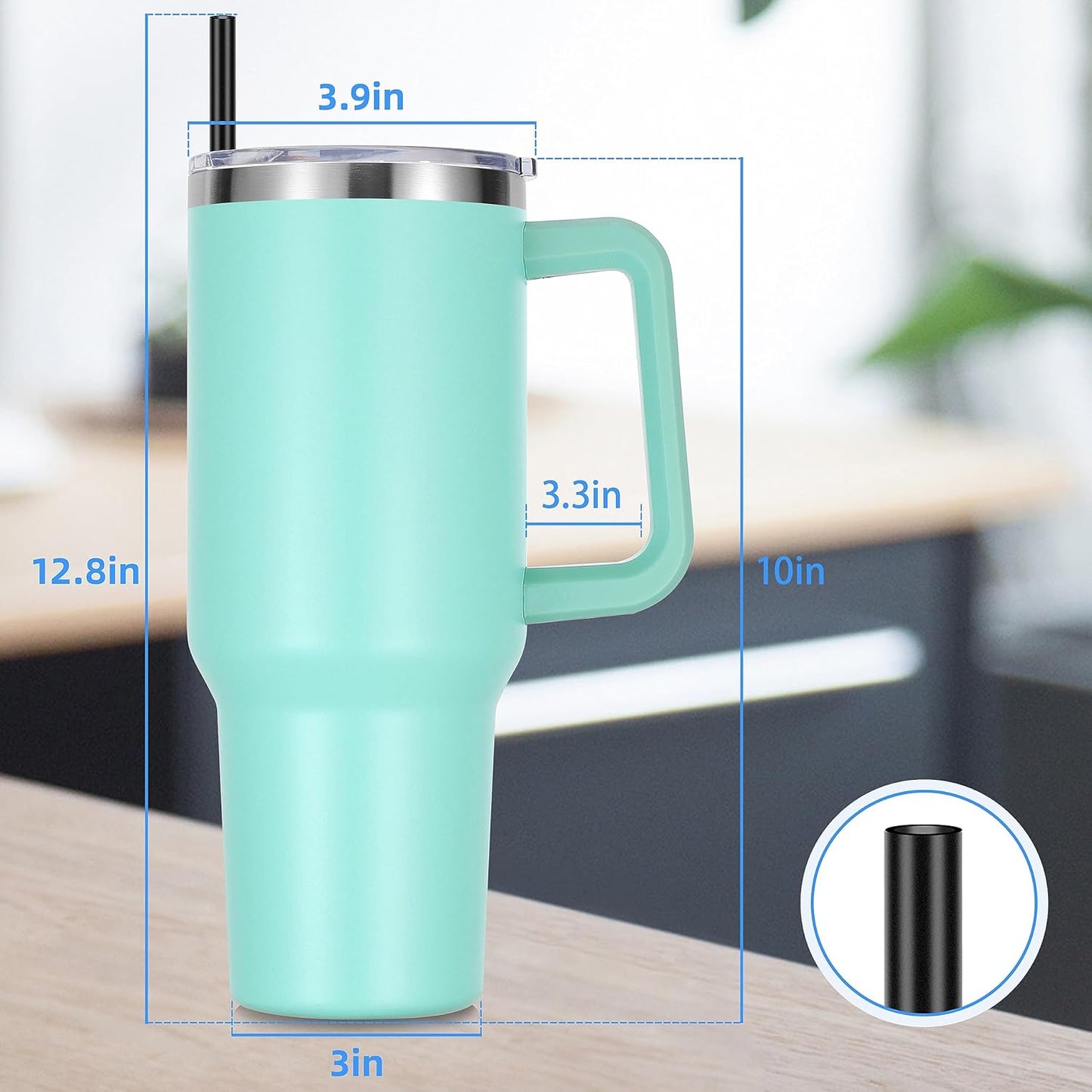 DOMICARE 40 oz Tumbler with Handle and Straw, Stainless Steel Tumbler with Lid and Straw, Reusable Vacuum Insulated Cup, Travel Coffee Mug, Blue, 1Pack