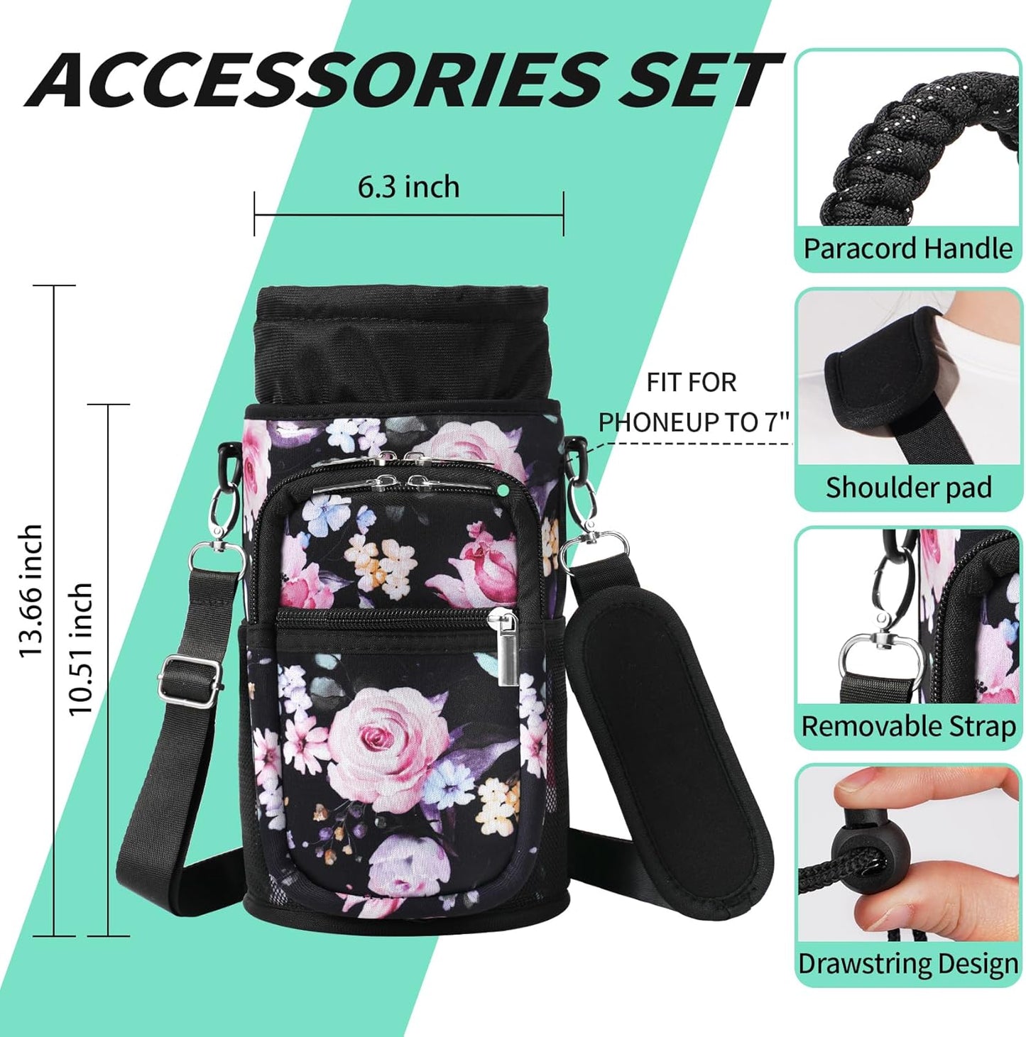 AceTreker 32/40/64/87/128 oz Water Bottle Carrier Bag, Neoprene Water Bottle Sleeve with 4 Pocket, Sport Water Holder with Paracord Handle and Shoulder Strap for Walking Hiking Camping Gym