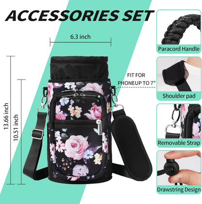 AceTreker 32/40/64/87/128 oz Water Bottle Carrier Bag, Neoprene Water Bottle Sleeve with 4 Pocket, Sport Water Holder with Paracord Handle and Shoulder Strap for Walking Hiking Camping Gym
