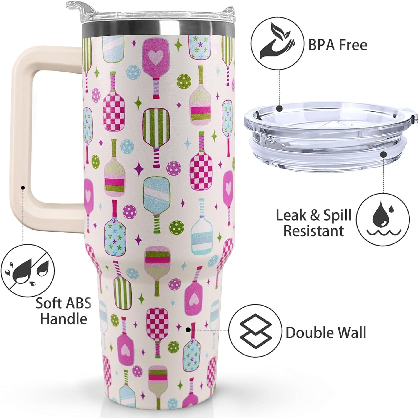 Ceovfoi 40 oz Pickleball Coffee Mug Vacuum Insulated Travel Tumbler with Handle, Lid & Straw - Perfect Pickleball Gifts for Players, Coaches, Lovers | Pickleball Accessories