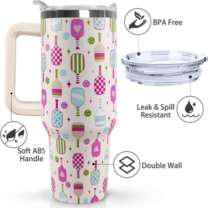 Ceovfoi 40 oz Pickleball Coffee Mug Vacuum Insulated Travel Tumbler with Handle, Lid & Straw - Perfect Pickleball Gifts for Players, Coaches, Lovers | Pickleball Accessories
