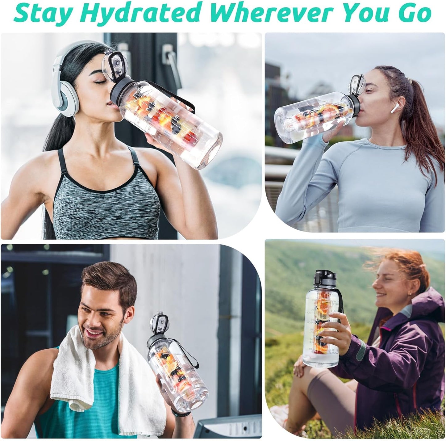 UTEBIT 32 OZ Fruit Infuser Water Bottle, Insulated Sports Water Bottle With Straw, 1L BPA Free Leak Proof Tritan Large Water Jug with Strap for Gym, Camping, Travel, Outdoor