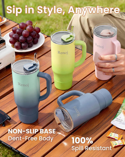Renoj Insulated Mug 100% Leak Proof Insulated Water Bottle for Iced Coffee & Hot Drinks - Fits Car Cup Holder, Ideal Gift, 2 Straws & Silicone Boot - SnapShift Pink 32 oz