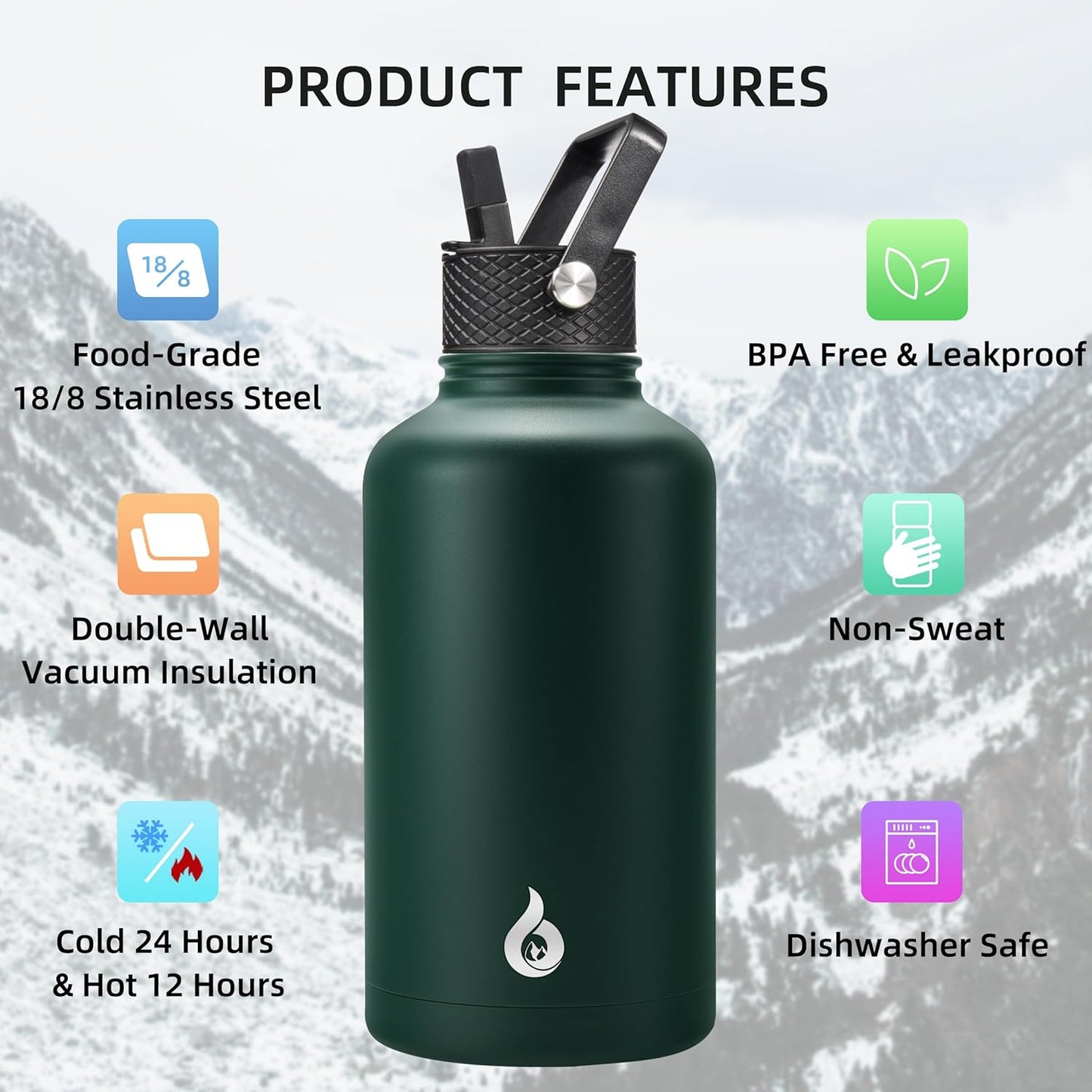 BJPKPK Insulated Water Bottles with Straw Lid, 40oz Stainless Steel Water Bottles with 3 Lids, BPA Free Leakproof Thermo, Tumblers, Cups for Sports, Gym- Midnight - Colors A