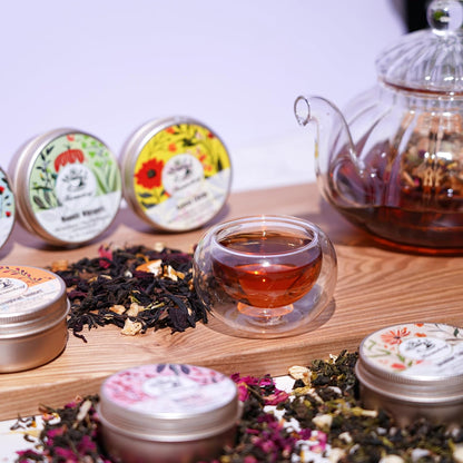 Harmoleaf Tea Gift Set for Women - 6 Herbal Loose Leaf Tea Blends, Insulated Ceramic Cup with Infuser & Lid | Birthday, Mother's Day, Anniversary & Retirement Gift for Her