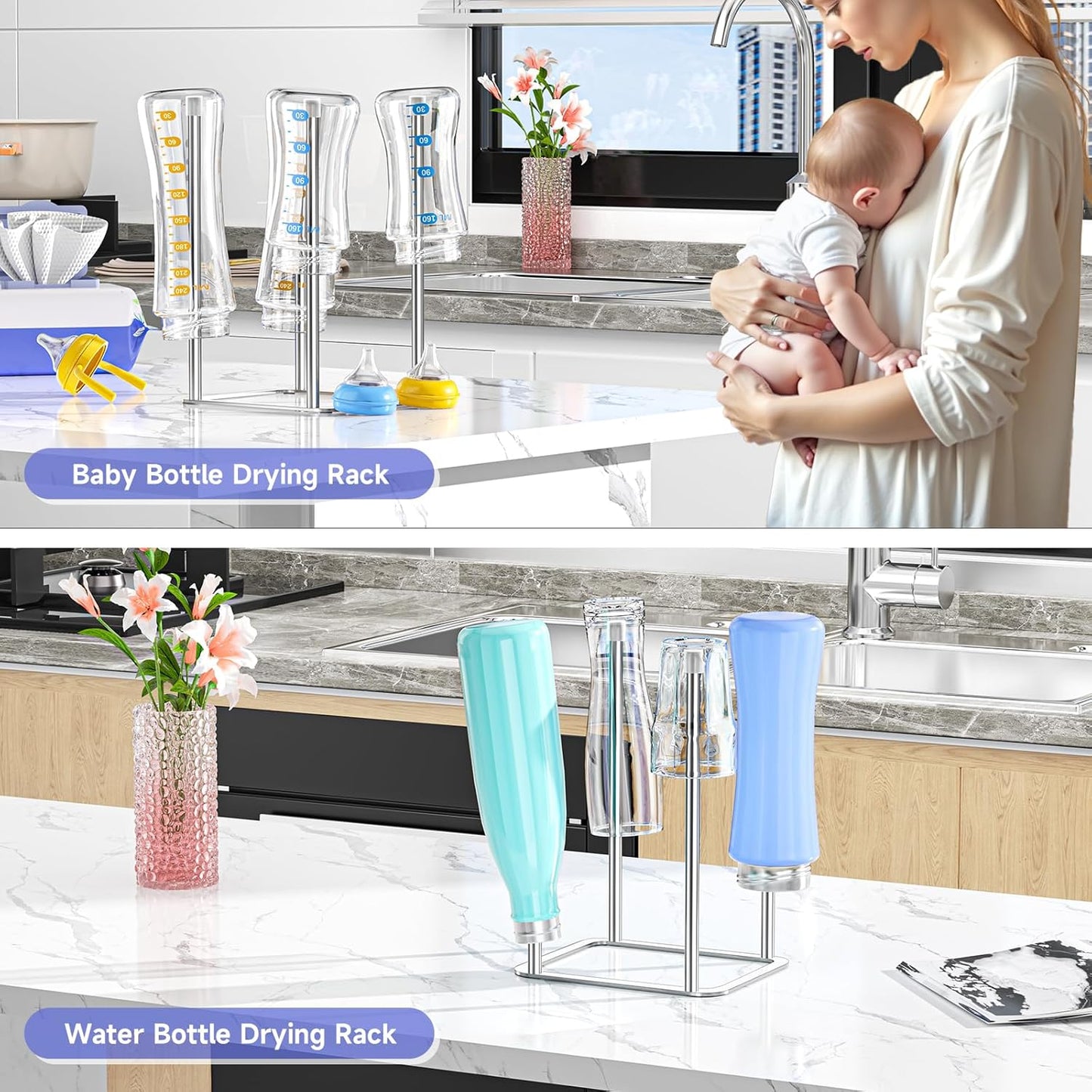 Water Bottle Drying Rack Reusable Bottle Rack Dryer Kitchen Stand Holder Metal Countertop Baby Bottle Drying Rack Water Cup Drying Rack for Plastic Bags, Bottles and Cups (Sliver, Small)