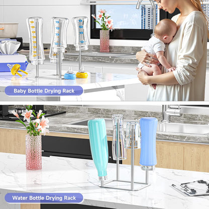 Water Bottle Drying Rack Reusable Bottle Rack Dryer Kitchen Stand Holder Metal Countertop Baby Bottle Drying Rack Water Cup Drying Rack for Plastic Bags, Bottles and Cups (Sliver, Small)