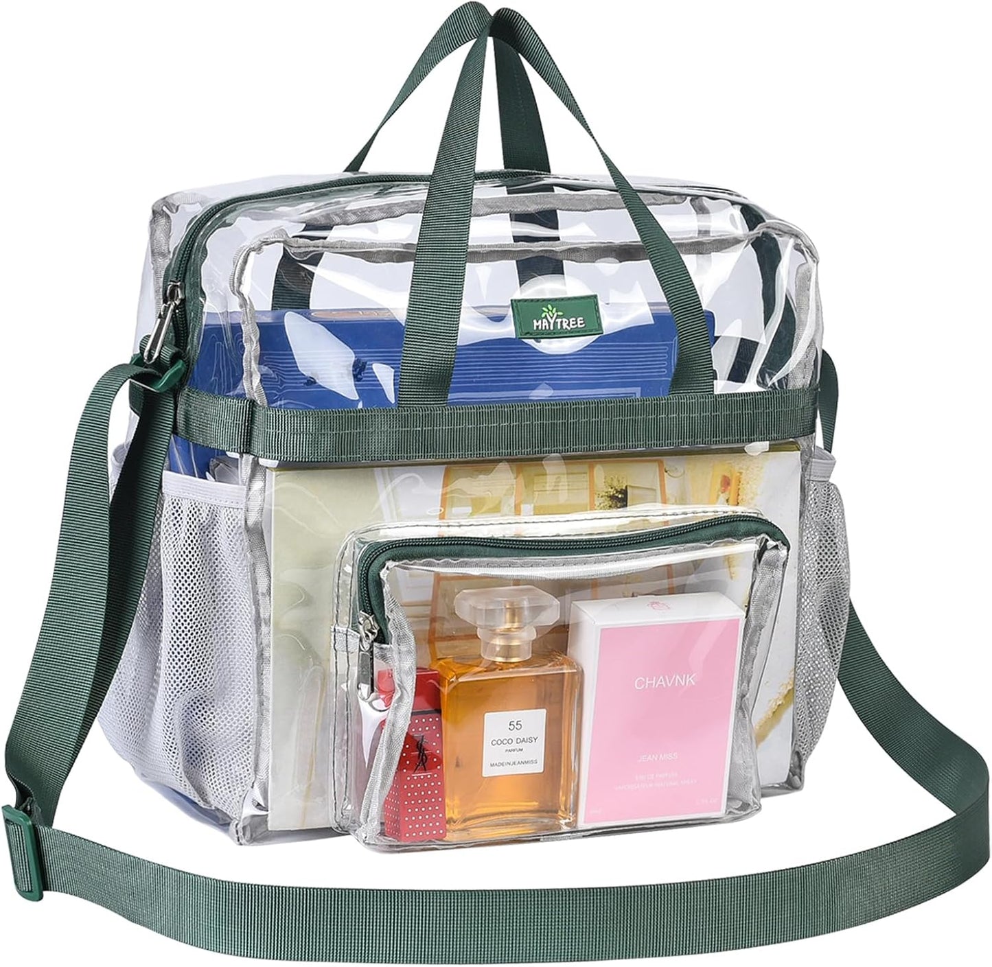 MAY TREE Clear Bag for Stadium Events, 12×5.5×12 Clear Tote Lunch Bag with Non-detachable Reinforced Straps for Work, Sporting Events and Gym, Black