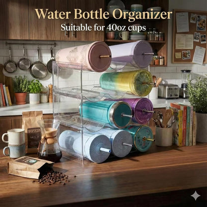 Stackable Water Bottle Organizer for Cabinet, Plastic Bottle Holder Designed for Starbucks Studded Tumblers up to 40oz, Plastic Cup Holder&Wine Rack for Pantry,Cupboard- 2 Layers Hold 6 Bottles