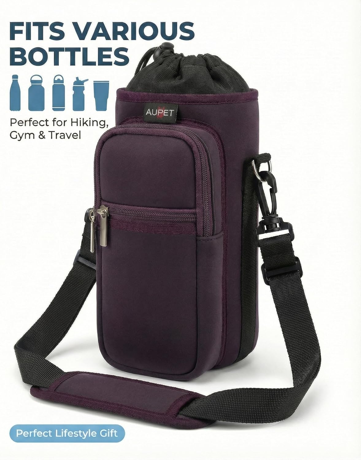 AUPET Water Bottle Sling Bag Sleeve Holder Carrier 25/32/40/64 oz,Insulated Crossbody Water Bottle Case Cover with Strap and Pockets for Men/Women Walking Hiking