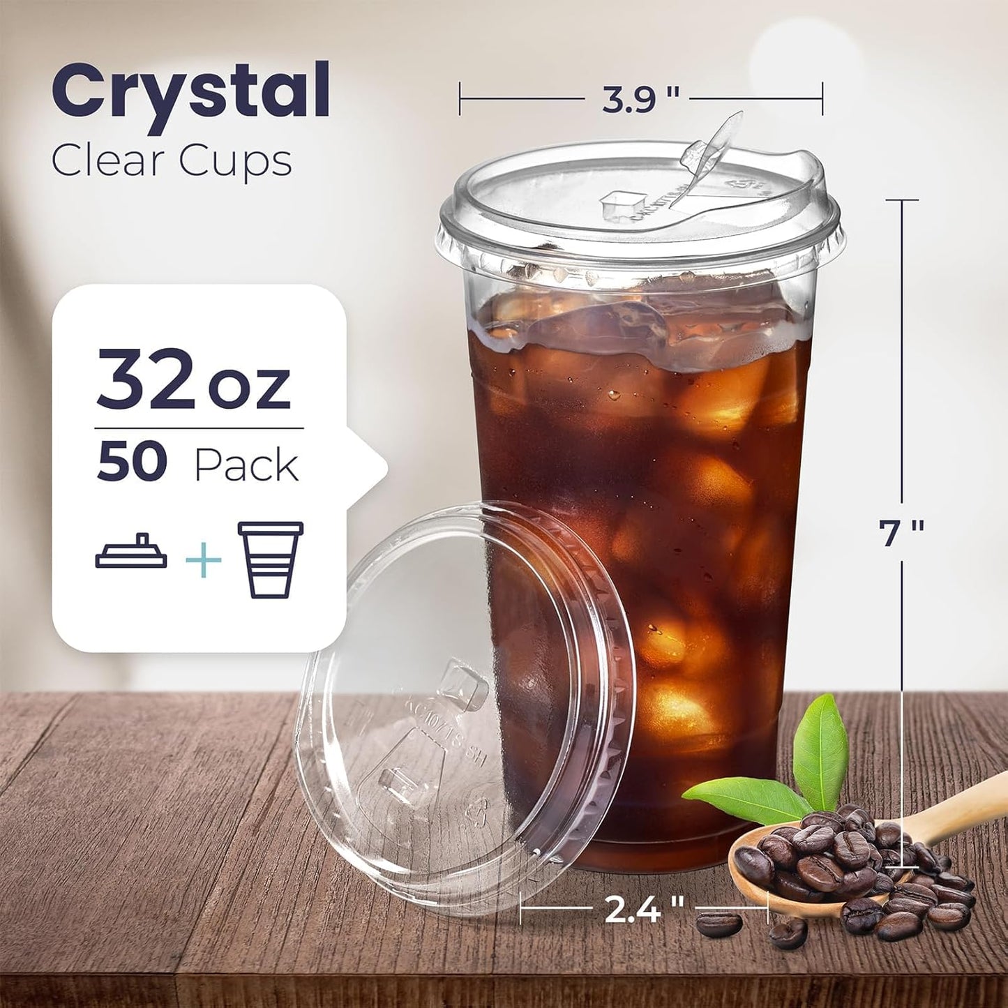Fit Meal Prep 50 Pack 32 oz Clear Plastic Cups with Strawless Sip Lids, Disposable Plastic Coffee Cups with Lids, To Go Cups for Iced Coffee, Smoothies, Soda, Party Drinks, Bubble Tea, Cold Beverage