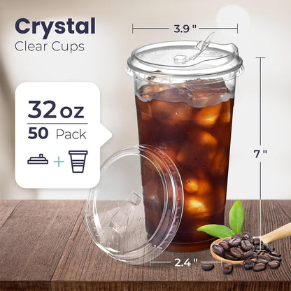 Fit Meal Prep 50 Pack 32 oz Clear Plastic Cups with Strawless Sip Lids, Disposable Plastic Coffee Cups with Lids, To Go Cups for Iced Coffee, Smoothies, Soda, Party Drinks, Bubble Tea, Cold Beverage