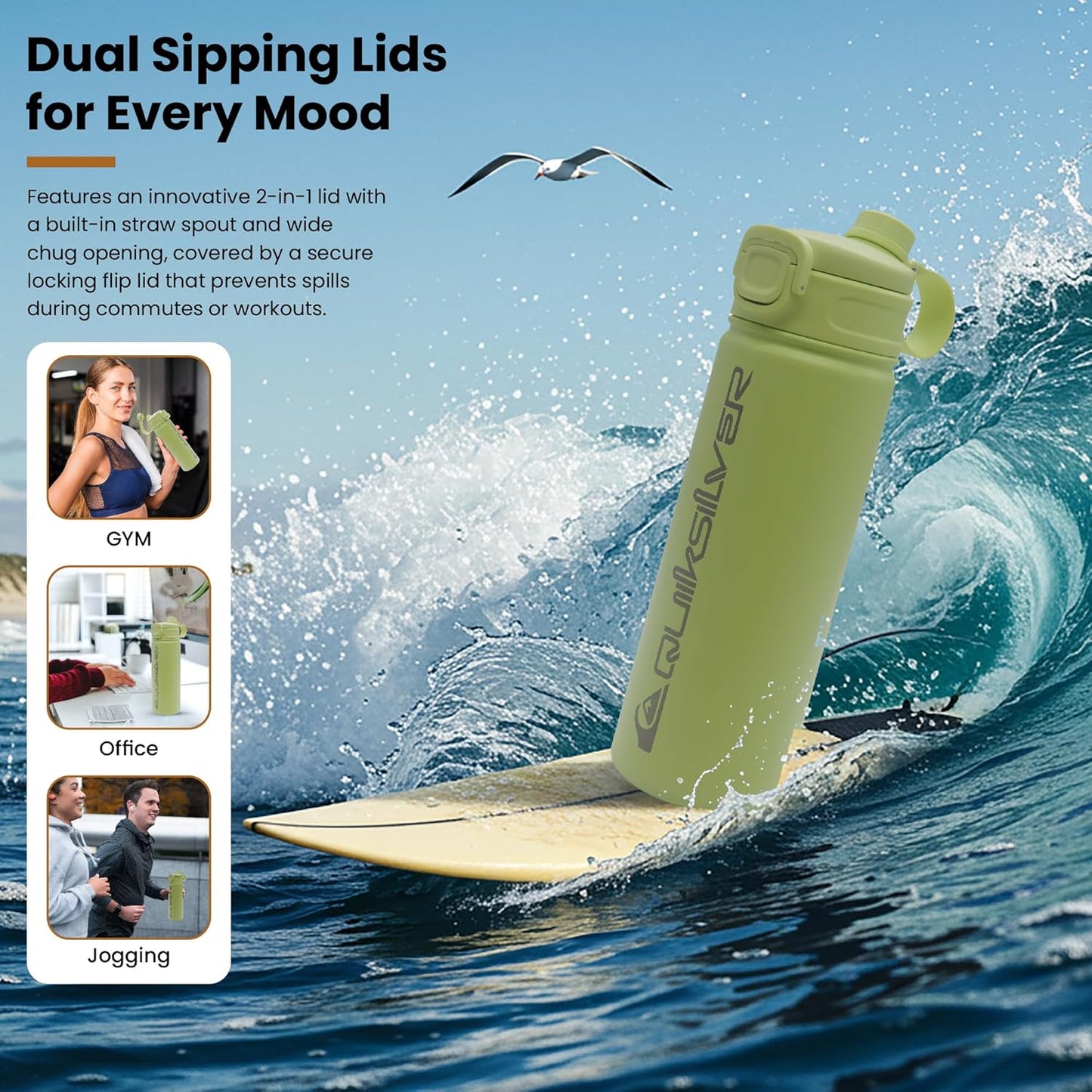 Quiksilver Laguna 32oz Tripple Wall Stainless Steel Water Bottle, Reusuable Sports Bottle with Leak-Proof Straw and Spout Lid, Non-Slip Rubber Base, Carrier Handle, 24H Hot & Cold Insulated Tumbler