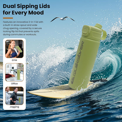 Quiksilver Laguna 32oz Tripple Wall Stainless Steel Water Bottle, Reusuable Sports Bottle with Leak-Proof Straw and Spout Lid, Non-Slip Rubber Base, Carrier Handle, 24H Hot & Cold Insulated Tumbler
