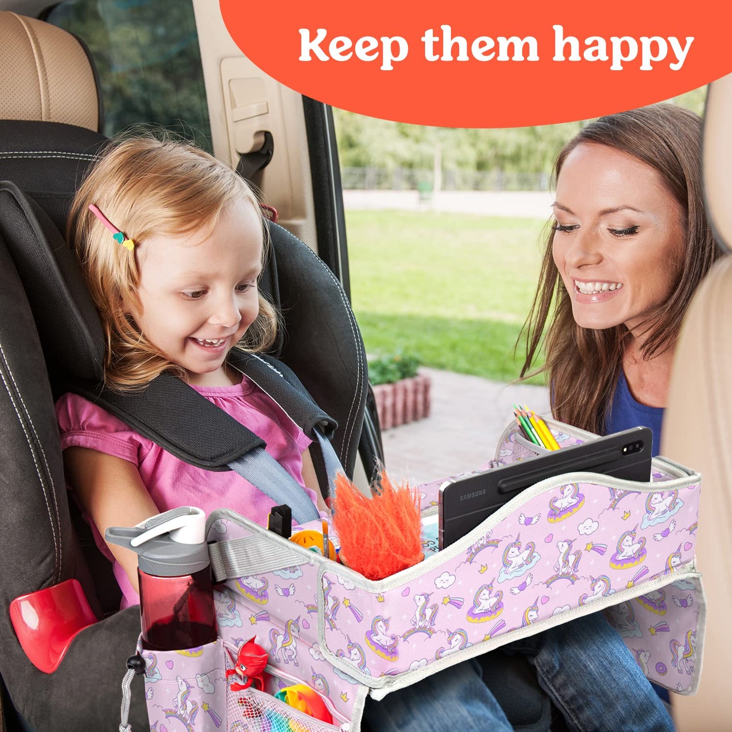 PILLANI Kids Travel Tray for Car - Car Seat Tray with Activity Sheets & Pens, Road Trip Essentials for Car & Airplane, Must Have Toddler Travel Lap Desk Accessories - Road Trip Activities for Kids