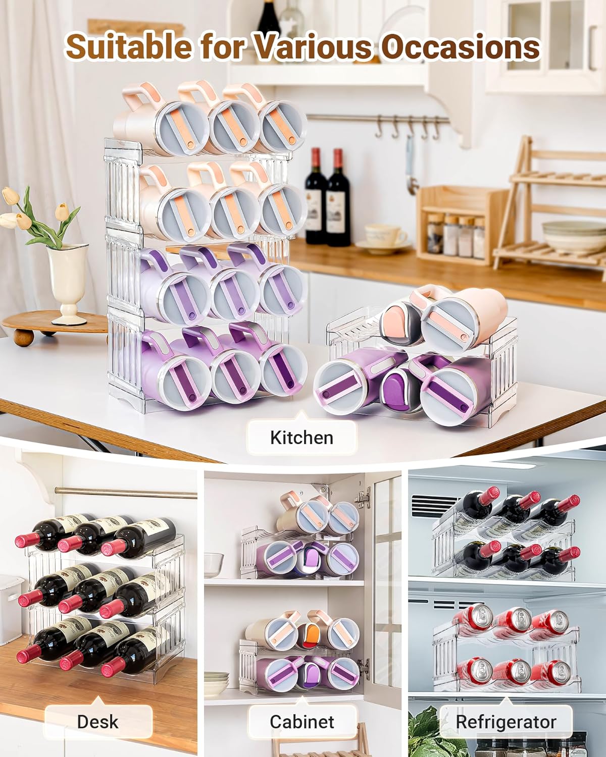 Gracenal Large Tumbler Organizer for Stanley Cup 40 oz, Patented Kitchen Pantry Organizers and Storage for Stanley Cup Accessories, Stackable Water Bottle Organizer Holder Gifts 4Pack Large-12-bottle