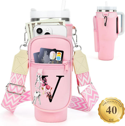 LOKASS Personalized Water Bottle Holder with Strap for Stanley Cup Accessories 40 oz, Initial for Stanley Cup Holder Carrier Bag with Phone Pocket, Stylish Tumbler Accessories for Daily Use Hands-Free