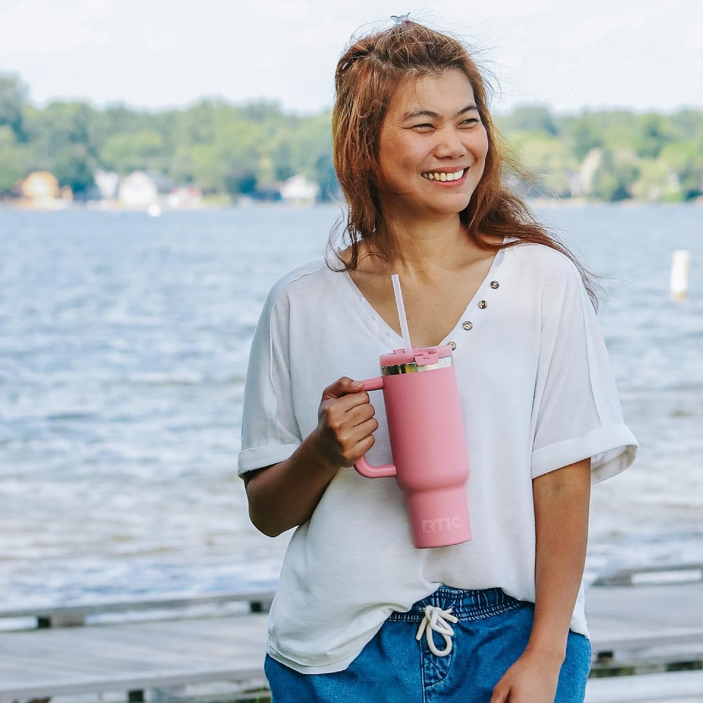RTIC 30 oz Road Trip Tumbler Double-Walled Ceramic Lined InsulatedStainless Steel Portable Travel Coffee Mug Cup with Lid, Handle and Straw, Periwinkle Bouquet