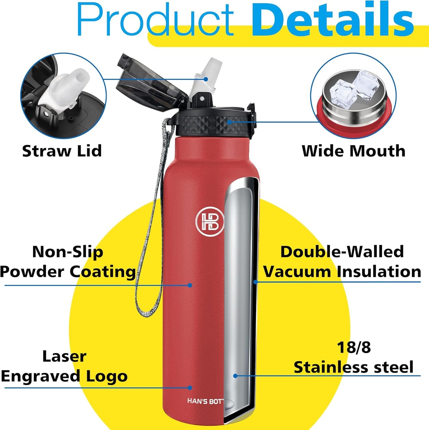 Han's Bottle Sports Water Bottle - 24 Oz, Straw Lid, Leak Proof, Vacuum Insulated Stainless Steel, Double Walled, Thermo Mug,Black