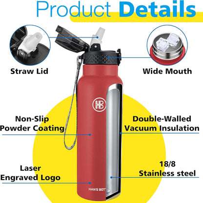 Han's Bottle Sports Water Bottle - 24 Oz, Straw Lid, Leak Proof, Vacuum Insulated Stainless Steel, Double Walled, Thermo Mug,Black