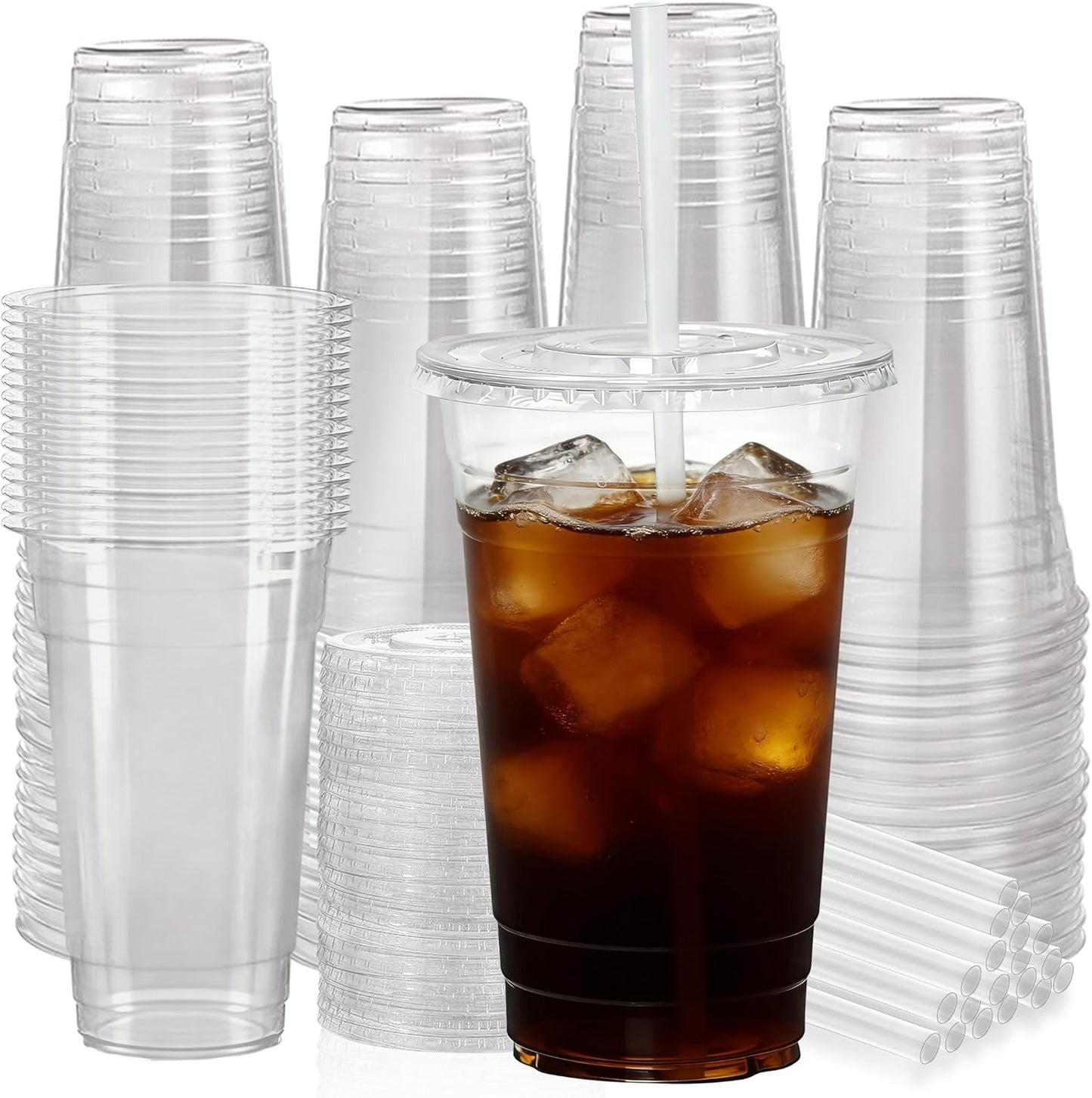 25 Pack 16 oz Clear Plastic Cups with Lids and Straws, Leak-Proof Disposable Iced Coffee Cups, BPA-Free PET Cold Drink Tumblers for Smoothie, Tea and Juice, Crystal Clear To Go Cups
