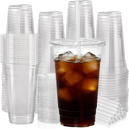 25 Pack 16 oz Clear Plastic Cups with Lids and Straws, Leak-Proof Disposable Iced Coffee Cups, BPA-Free PET Cold Drink Tumblers for Smoothie, Tea and Juice, Crystal Clear To Go Cups