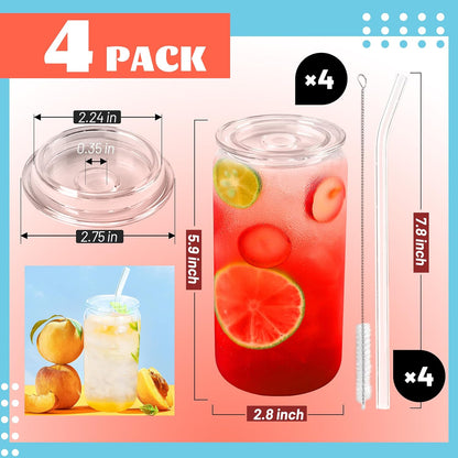 Joyclub 8pcs 16 oz Glass Cups with Acrylic Lids and Straws Can Shaped Iced Coffee Glasses Cute Tumbler Set Drinking Jars for Smoothie Soda Boba Beer Party Housewarming Gifts