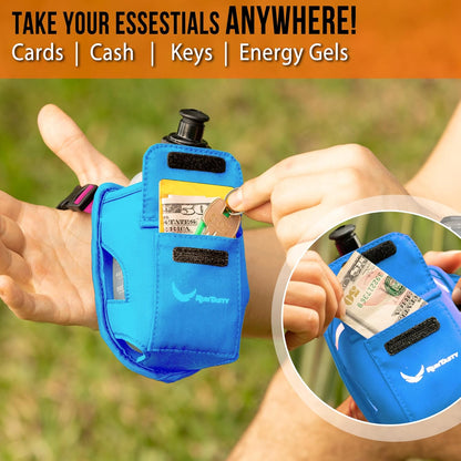 2-in-1 Running Fun: Handheld 12 Oz Water Bottle & Running Belt Add-On. No-Grip Design Straps on Hand & Slides on Belt. Waterproof Pocket for Money, Keys. Maximize Time, Freedom & Health