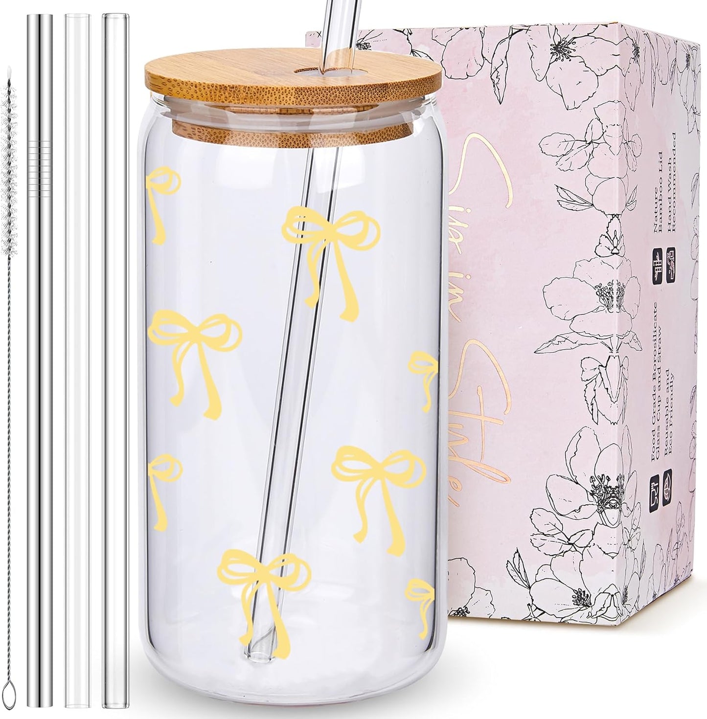 Coquette Cute Pink Bow Glass Cups with Lids and Straws, Aesthetic Iced Coffee Matcha Cup, Girly Preppy Design Tumbler Mug, Valentines Christmas Birthday Gifts for Women, Teen Girl Gifts Trendy Stuff