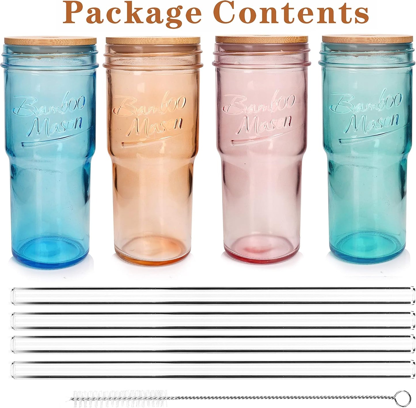 ANOTION Bamboo Mason Leakproof Mason Jar Cups with Lids and Straws, Cap Cup 24oz Glass Tumbler with Handle, Rotating Lid Silicone Straw, Reusable Iced Coffee Matcha Cup Coffee Gifts for Women 2pc