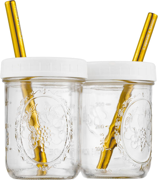 Boba Tea Cups 16 oz (2-Pack) with Wide Stainless Steel Straws – No Clogging, Mason Jar Glass Cups with Lids for Bubble Tea, Smoothies & Iced Coffee