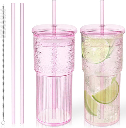 Luiaiog 20 oz Glass Cups with Lids and Straws – Single Reusable Tumbler, Thickened Shatter-Resistant Glass, Ideal for Iced Coffee, Smoothies, Cocktails, Juices – Elegant & Durable Drinkware
