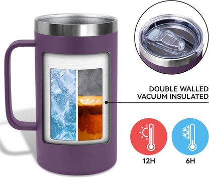 DOMICARE 24oz Mug with Handle and Lid, Stainless Steel Coffee Mug, Reusable Insulated Cup, Travel Mug with Handle, Double Wall Vacuum Coffee Tumbler for Men and Women, Black, Pack 1