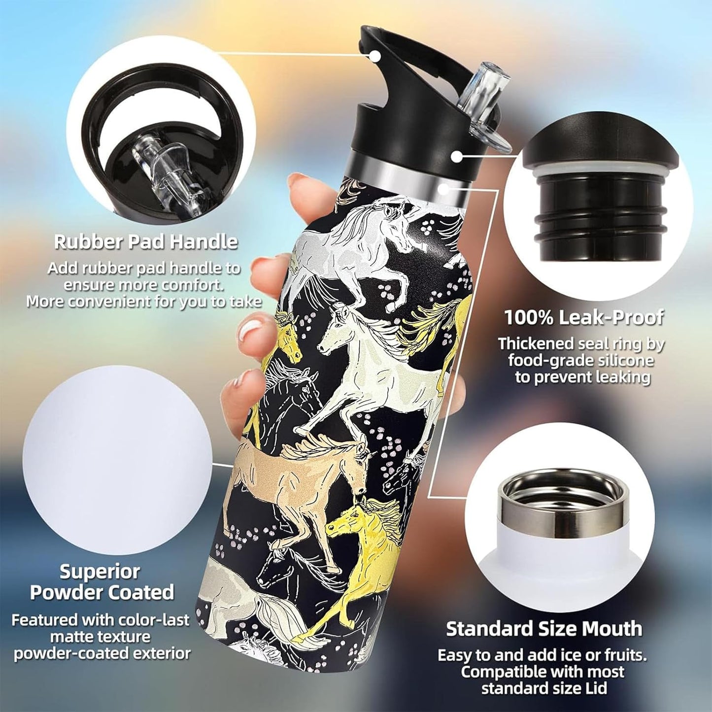 Pickleball Sport Water Bottle with Straw, Vacuum Insulated Stainless Steel Thermal Drinking Travel Mug Cups For Gym Fitness Camping-20oz/600ml
