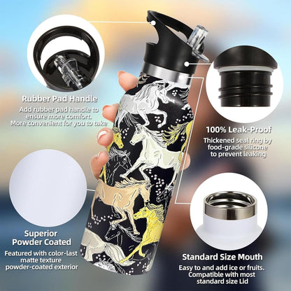 Pickleball Sport Water Bottle with Straw, Vacuum Insulated Stainless Steel Thermal Drinking Travel Mug Cups For Gym Fitness Camping-20oz/600ml
