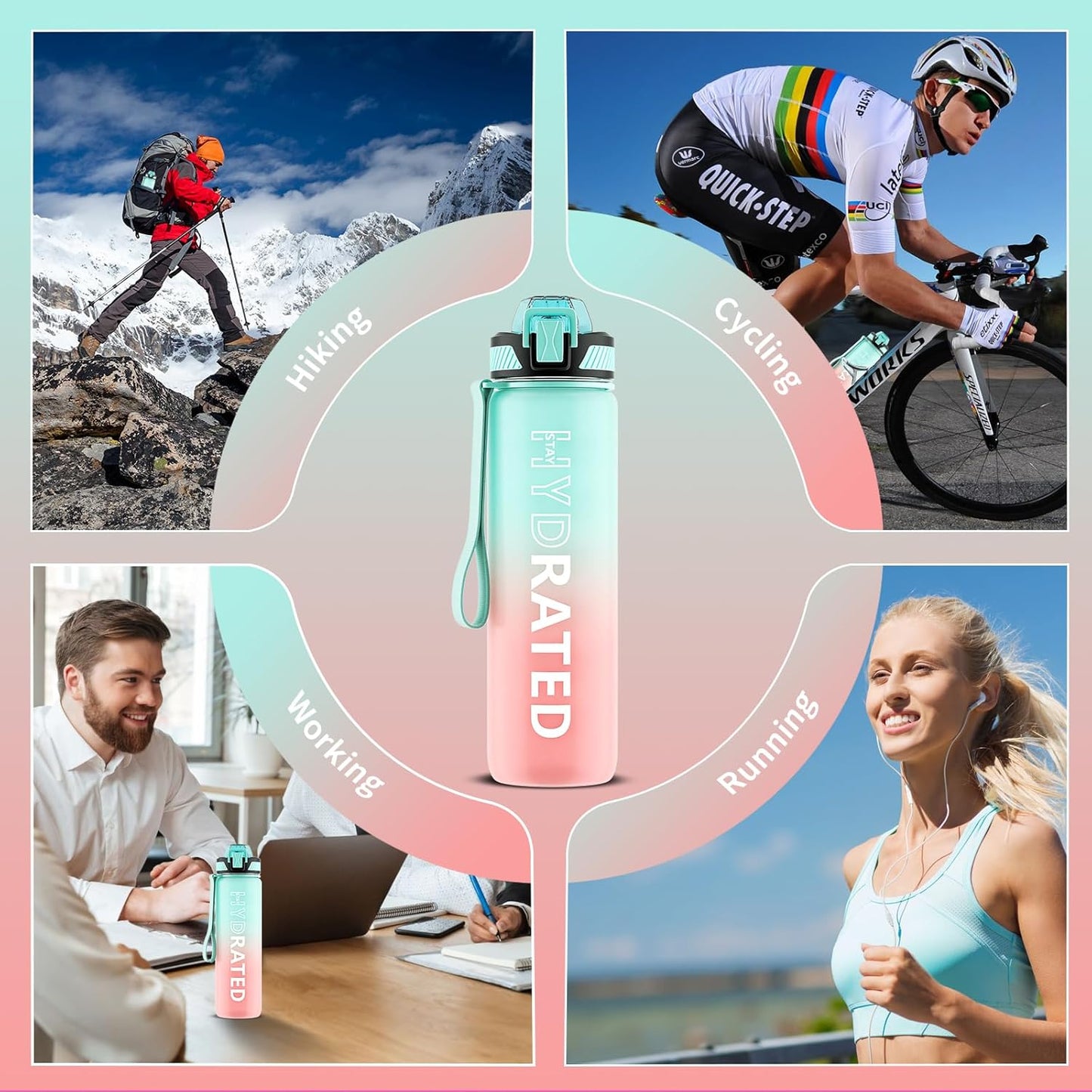 QLUR Water Bottle with Straw, 32oz Motivational Water Bottles with Time Marker to Drink, Tritan BPA Free, 1L Sports Water Bottle with Carry Strap LeakProof for Women Gym Fitness Outdoor (1 Pack)