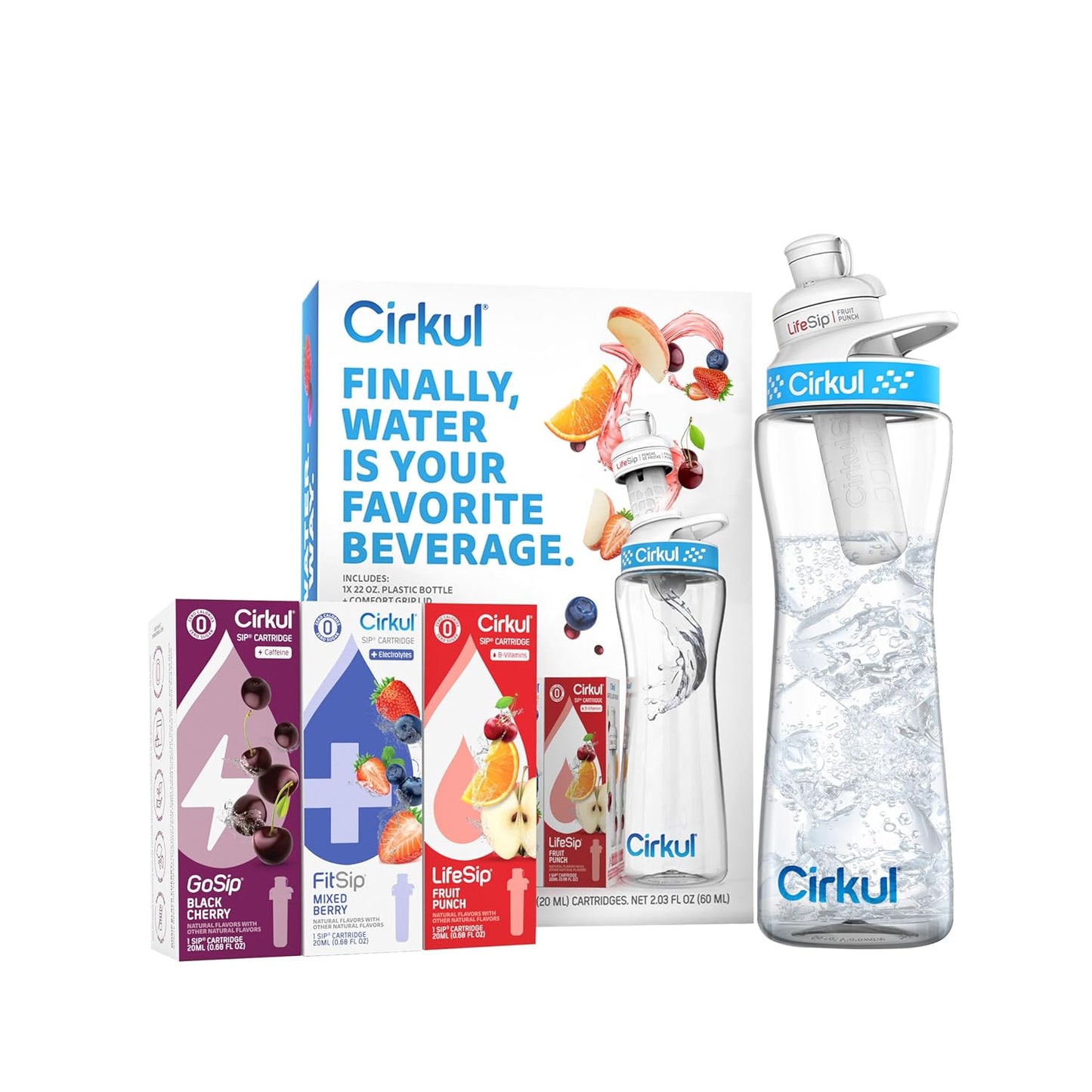 Cirkul 22oz. BPA-Free Plastic Water Bottle Starter Kit with Blue Lid, 2 Flavor Cartridges (1 LifeSip Fruit Punch, 1 FitSip Mixed Berry) No Sugar, Zero Calorie Drink Mix