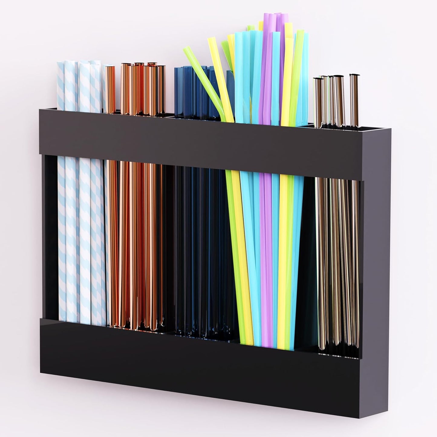 Upgraded 9.5'' Large Acrylic Straw Holder for Cabinet Door, Adjustable Space-Saving Straw Organizer Storage Dispenser for Cabinet with Ultra Sticky Adhesive Strips, 2-Part Rack, Drainage Holes