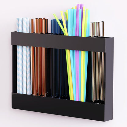 Upgraded 9.5'' Large Acrylic Straw Holder for Cabinet Door, Adjustable Space-Saving Straw Organizer Storage Dispenser for Cabinet with Ultra Sticky Adhesive Strips, 2-Part Rack, Drainage Holes
