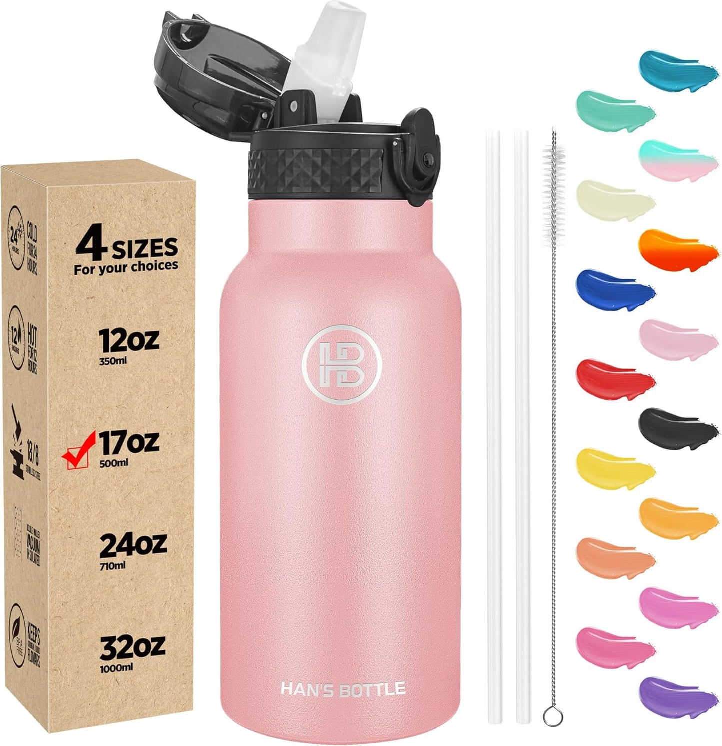 Han's Bottle Sports Water Bottle - 24 Oz, Straw Lid, Leak Proof, Vacuum Insulated Stainless Steel, Double Walled, Thermo Mug,Black